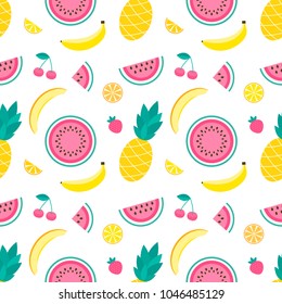 Pattern with sweet watermelon, melon, pineapple, cherry, strawberry and lemon