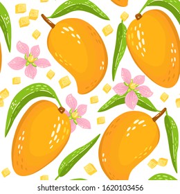 Pattern with sweet yellow mango with leaves, pieces of mango and flowers. Organic healthy fruits background. Cartoon illustration. Perfect for wrap paper, wallpaper, background, fabric print.