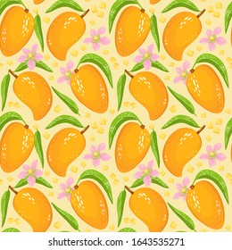 Pattern with sweet yellow mango with leaves, pieces of mango and flowers. Organic healthy fruits background. Cartoon illustration. Perfect for wrap paper, wallpaper, background, fabric print.