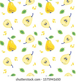 Pattern with sweet yellow pears with leaves. Organic healthy fruits background. Hand drawn overlapping backdrop. Cartoon illustration. Perfect for wrap paper, wallpaper, background, fabric print.