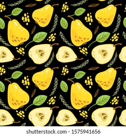 Pattern with sweet yellow pears with leaves, flowers, branches. Organic healthy fruits on black background. Hand drawn overlapping backdrop. Cartoon illustration