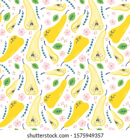 Pattern with sweet yellow pears with leaves, flowers, branches. Organic healthy fruits background. Cartoon illustration. Perfect for wrap paper, wallpaper, background, fabric print.