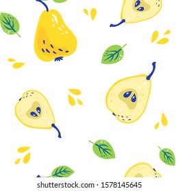Pattern with sweet yellow pears with leaves. Organic healthy fruits background. Pattern for kitchen. Cartoon illustration. Perfect for wrap paper, wallpaper, background, fabric print.