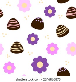 Pattern of sweets and flowers. Wrapping. Color vector illustration.