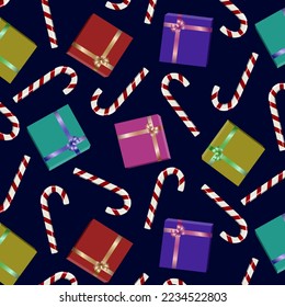 Pattern with sweets and gifts.Vector pattern with candies and gift boxes on a colored background.