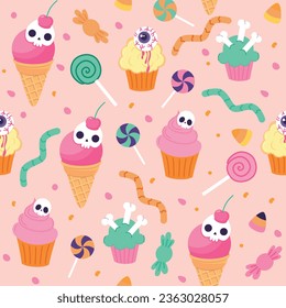 Pattern with sweets for Halloween on a pink background. Gummy worm, eye cake, skull ice cream. Pattern for textiles, packaging paper.