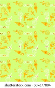 pattern with sweets - ice cream, cakes, candy isolated on pastel yellow background. Can use for birthday card, the children's menu, packaging, textiles, fabrics, wallpaper