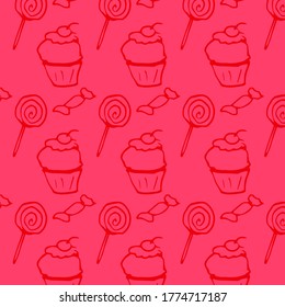 Pattern with sweets. Pink background. It can be used in the design of food delivery services, cafe menus, etc