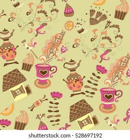 pattern with sweets, tea, coffee, cupcakes, cakes, candy