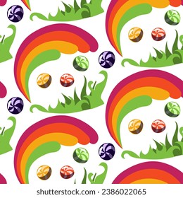 Pattern with sweets. The world of the creator of sweets. Grass, rainbow, colorful candies on a white background. Rain of striped, caramel lollipops. Fantastic ornament for printing on textiles, paper