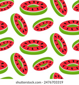 pattern with a swimming circle in the form of a slice of watermelon, a large floating fruit. This bright red and green float cushion is perfect for a summer themed pool party. Seamless illustration