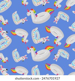 A pattern of a swimming circle in the form of a white llama and a unicorn, large floating animals on a blue one. This animal-shaped swimming circle is perfect for a summer themed pool party. Seamless