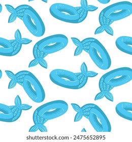 Pattern of swimming circles in the form of a mermaid's tail, a large floating inflatable sea tail. This blue inflatable cushion float is perfect for a summer themed pool party. Seamless illustration