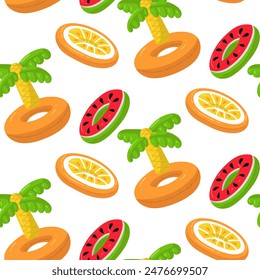 Pattern of swimming circles in the form of a palm tree, orange slices and watermelon, a large floating inflatable tree with fruits. Inflatable float pillow is perfect for a summer themed pool party
