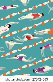 pattern, swimming pool with several swimmers. Vector illustration about sport and recreation, healthy life style, fitness, energy, summer activities.