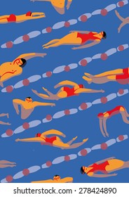 pattern, swimming pool with several swimmers. Vector illustration about sport and recreation, healthy life style, fitness, energy, summer activities.