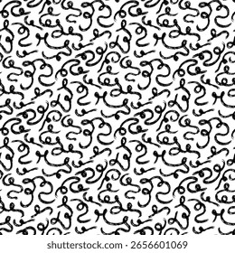 pattern of swirling lines made with a dry brush. A seamless texture of brush strokes. Black paint draws wavy lines and dirty, curved strokes. Grunge-style brush lines. Calligraphic strokes and stamps