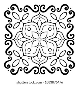 Pattern of swirling lines and vegetation. Print for the cover of the book, postcards, t-shirts. Illustration for rugs.