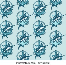 Pattern with swordfish and anchor in blue colors