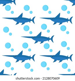 A pattern of swordfish and bubbles on a light background. Vector image for use in web design or textiles