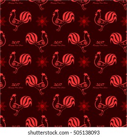 The pattern with the symbol of the New Year of the rooster or cock and snowflake.