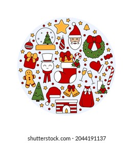 Pattern with symbols of Christmas and Happy New Year. In vintage traditional style for postcard, fabric, banner, template for congratulations, wrapping paper. Vector flat illustration