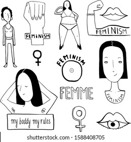 Pattern with symbols of feminism culture. Women beauty symbols. Black icons design.