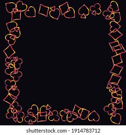 Pattern with symbols of gambling. Colored illustrations with hearts, spades, clubs, diamonds. Template for advertising parties, events in Vegas. 