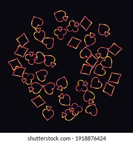 Pattern with symbols of gambling. Colored illustrations with hearts, spades, clubs, diamonds. Template for advertising parties, events in Vegas. 