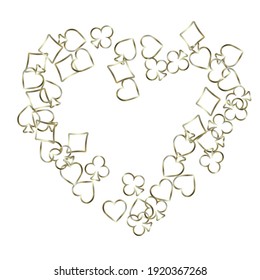 Pattern with symbols of gambling. Colored illustrations with hearts, spades, clubs, diamonds. Template for advertising parties, events in Vegas. 