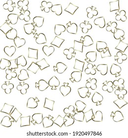 Pattern with symbols of gambling. Colored illustrations with hearts, spades, clubs, diamonds. Template for advertising parties, events in Vegas. 