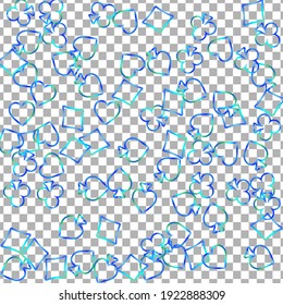 Pattern with symbols of gambling. Colored illustrations with hearts, spades, clubs, diamonds. Template for advertising parties, events in Vegas. 