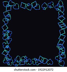 Pattern with symbols of gambling. Colored illustrations with hearts, spades, clubs, diamonds. Template for advertising parties, events in Vegas. 