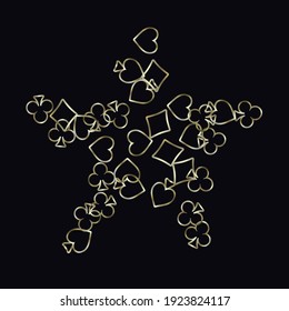 Pattern with symbols of gambling. Colored illustrations with hearts, spades, clubs, diamonds. Template for advertising parties, events in Vegas. 