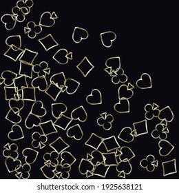 Pattern with symbols of gambling. Colored illustrations with hearts, spades, clubs, diamonds. Template for advertising parties, events in Vegas. 