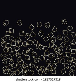 Pattern with symbols of gambling. Colored illustrations with hearts, spades, clubs, diamonds. Template for advertising parties, events in Vegas. 