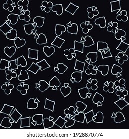 Pattern with symbols of gambling. Colored illustrations with hearts, spades, clubs, diamonds. Template for advertising parties, events in Vegas. 
