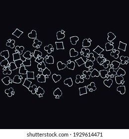 Pattern with symbols of gambling. Colored illustrations with hearts, spades, clubs, diamonds. Template for advertising parties, events in Vegas. 
