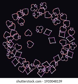 Pattern with symbols of gambling. Colored illustrations with hearts, spades, clubs, diamonds. Template for advertising parties, events in Vegas.