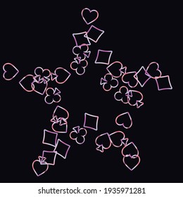 Pattern with symbols of gambling. Colored illustrations with hearts, spades, clubs, diamonds. Template for advertising parties, events in Vegas.