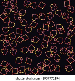 Pattern with symbols of gambling. Colored illustrations with hearts, spades, clubs, diamonds. Template for advertising parties, events in Vegas. 