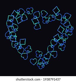 Pattern with symbols of gambling. Colored illustrations with hearts, spades, clubs, diamonds. Template for advertising parties, events in Vegas. 