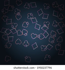 Pattern with symbols of gambling. Colored illustrations with hearts, spades, clubs, diamonds. Template for advertising parties, events in Vegas. 