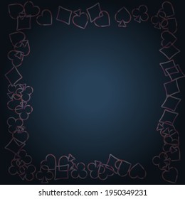 Pattern with symbols of gambling. Colored illustrations with hearts, spades, clubs, diamonds. Template for advertising parties, events in Vegas. 
