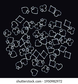 Pattern with symbols of gambling. Colored illustrations with hearts, spades, clubs, diamonds. Template for advertising parties, events in Vegas. 