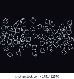 Pattern with symbols of gambling. Colored illustrations with hearts, spades, clubs, diamonds. Template for advertising parties, events in Vegas. 