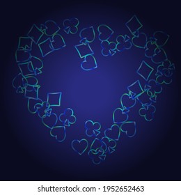Pattern with symbols of gambling. Colored illustrations with hearts, spades, clubs, diamonds. Template for advertising parties, events in Vegas.