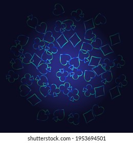 Pattern with symbols of gambling. Colored illustrations with hearts, spades, clubs, diamonds. Template for advertising parties, events in Vegas.
