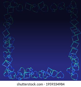 Pattern with symbols of gambling. Colored illustrations with hearts, spades, clubs, diamonds. Template for advertising parties, events in Vegas.