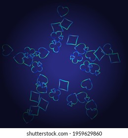Pattern with symbols of gambling. Colored illustrations with hearts, spades, clubs, diamonds. Template for advertising parties, events in Vegas.